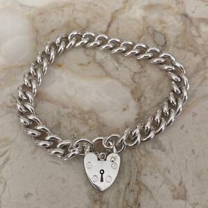 NEW! 925 Sterling Silver Heavy Curb Link Heart Padlock Bracelet 8” - 40g